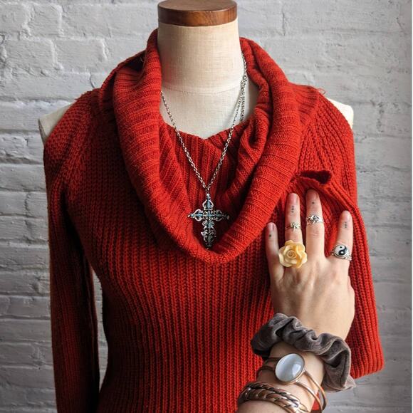 Vintage Red Chunky Knit Sweater Dress Sexy Minimalist Chic Cutout Mini Dress - Picture 2 of 7